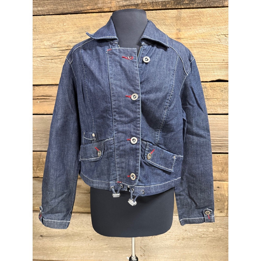 Chicos Platinum Denim Jacket Dark Wash Zip Button Front Drawstring Hem Size 1